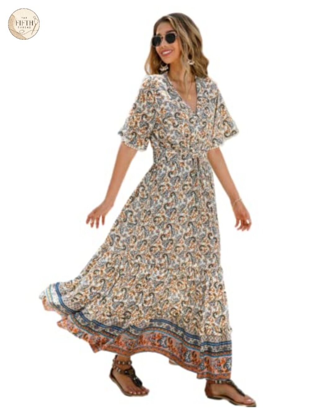 R.Vivimos Womens V Neck Floral Print Boho Midi Dress Rayon Cotton